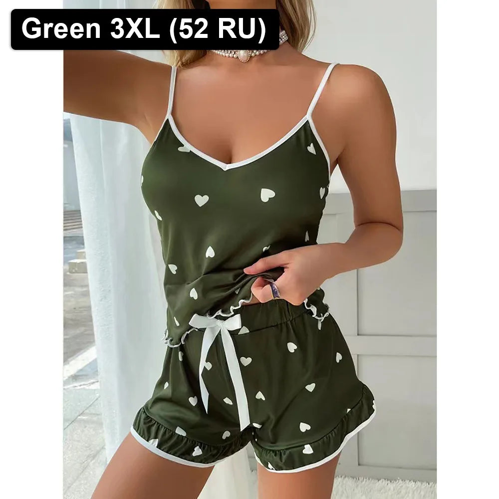 1Set Durable Elastic Women Pajamas Lace Heart Print Summer Sleepwear Sleeveless Shorts Set Valentine's Gift