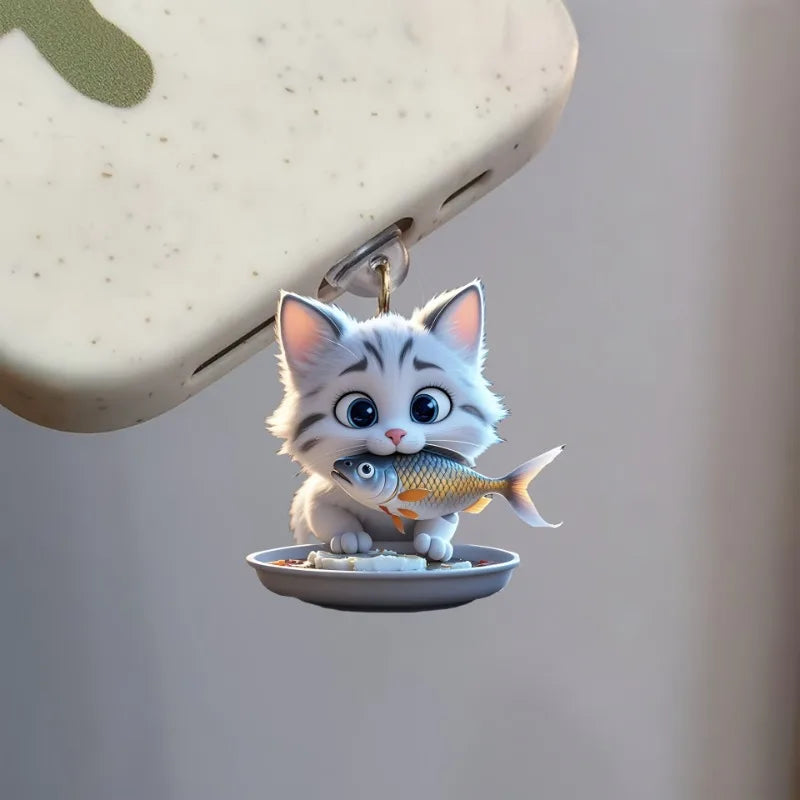 2D Flat Cartoon Funny Fish Eating Cat Acrylic Phone Dust Stopper for IPhone and Type C Charging Port Protectors Decorative