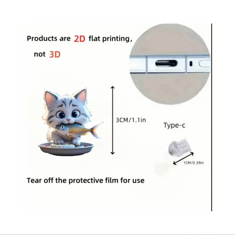 2D Flat Cartoon Funny Fish Eating Cat Acrylic Phone Dust Stopper for IPhone and Type C Charging Port Protectors Decorative