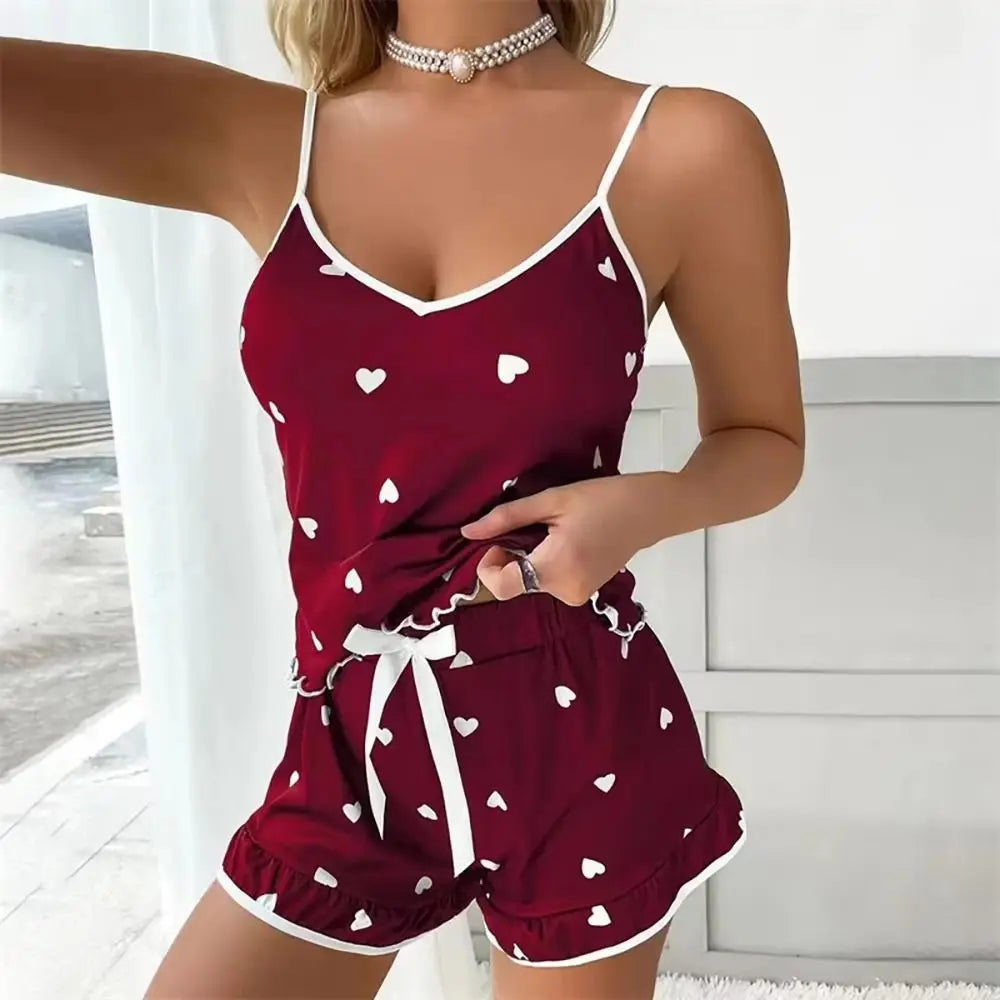 1Set Durable Elastic Women Pajamas Lace Heart Print Summer Sleepwear Sleeveless Shorts Set Valentine's Gift