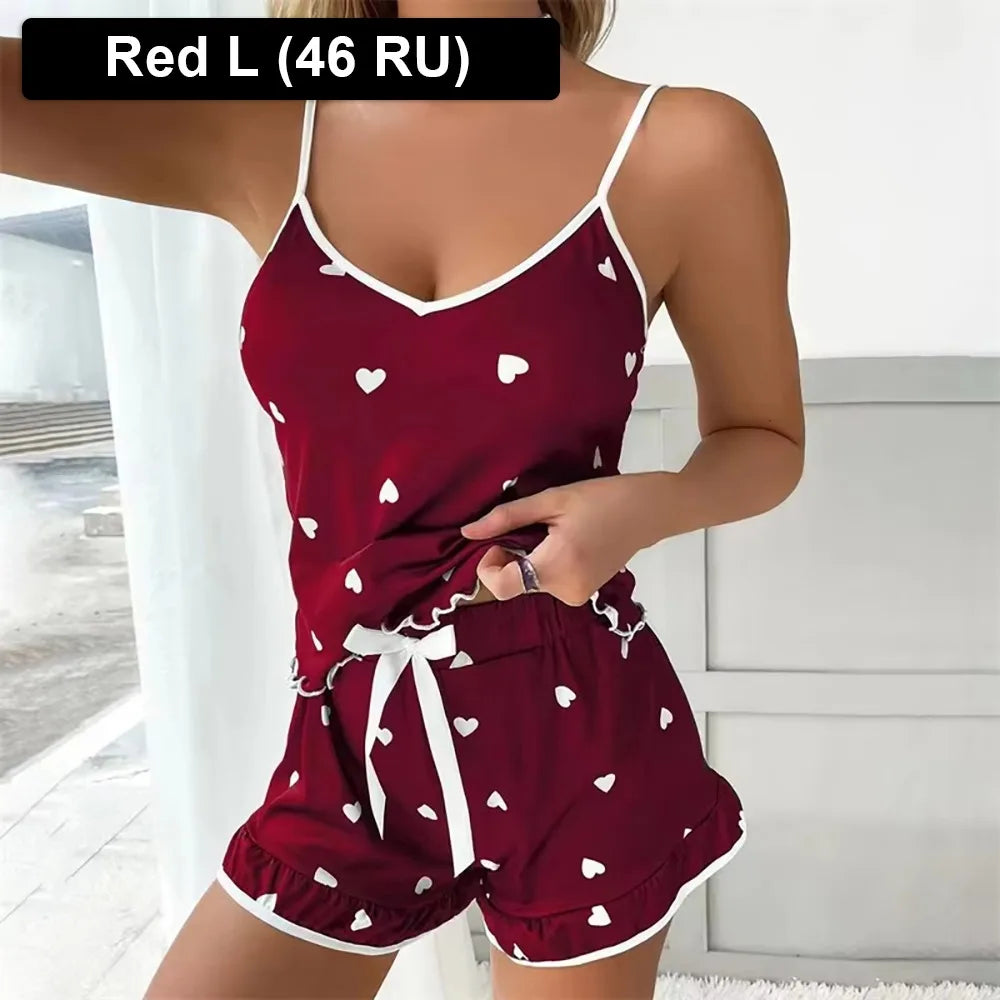 1Set Durable Elastic Women Pajamas Lace Heart Print Summer Sleepwear Sleeveless Shorts Set Valentine's Gift