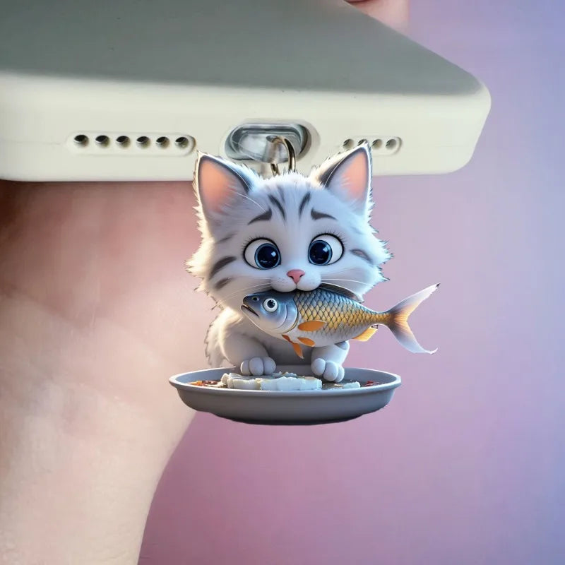 2D Flat Cartoon Funny Fish Eating Cat Acrylic Phone Dust Stopper for IPhone and Type C Charging Port Protectors Decorative