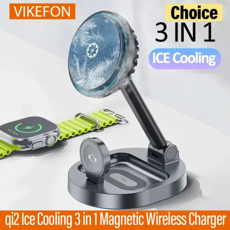 3 in 1 Foldable Fast Charging Station Ice Cooling Magnetic Wireless Charger Stand For Phone 16 15 14 13 12 IWatch 9 8 7 AirPods