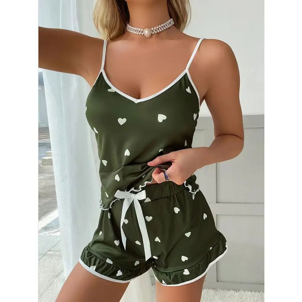 1Set Durable Elastic Women Pajamas Lace Heart Print Summer Sleepwear Sleeveless Shorts Set Valentine's Gift