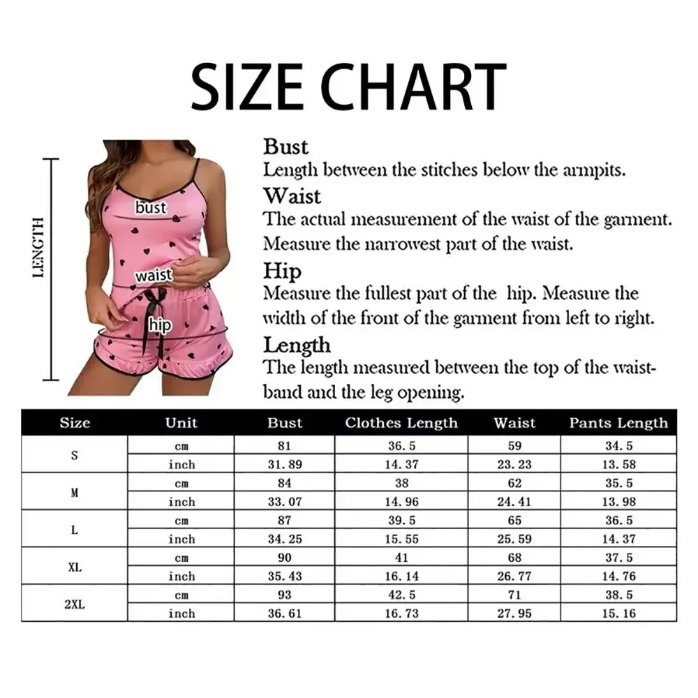 1Set Durable Elastic Women Pajamas Lace Heart Print Summer Sleepwear Sleeveless Shorts Set Valentine's Gift